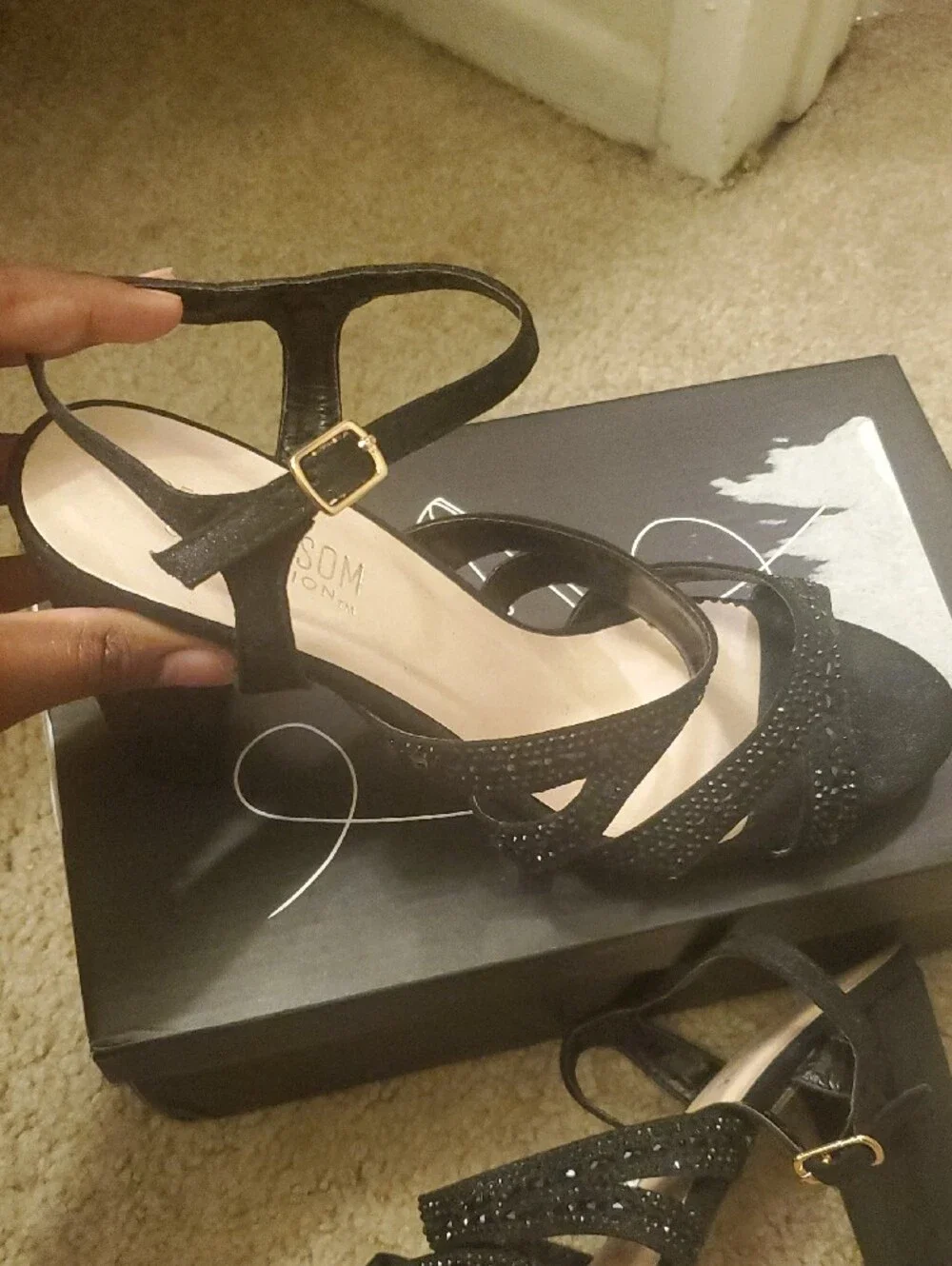 De Blossom Collection Black Rhinestone Strappy Block Heel Sandals